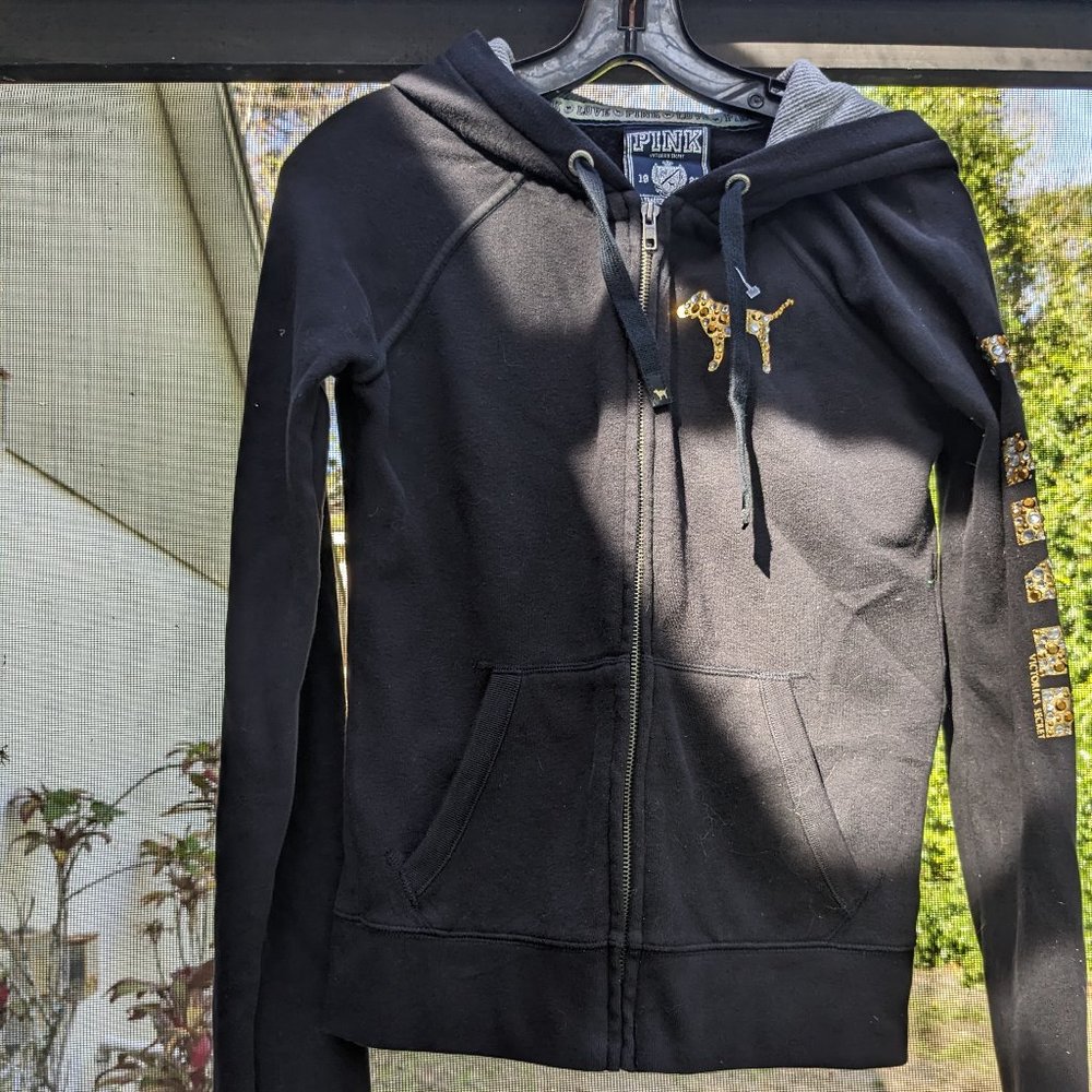 PINK Peace Symbol.Gold Bling Black Hoodie Size Small - Picture 2 of 9